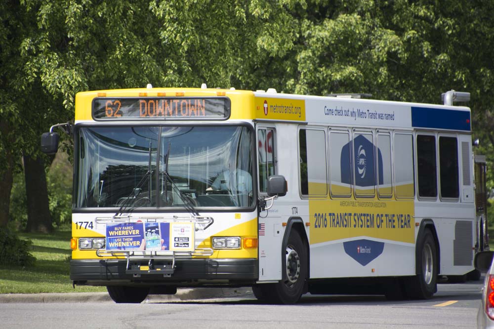 Metro Transit bus traveling through urban area